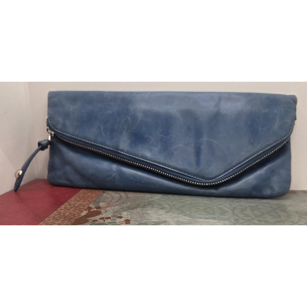 HOBO INTERNATIONAL Distressed Slate Blue Leather Fold Over Clutch Zipper Magnet